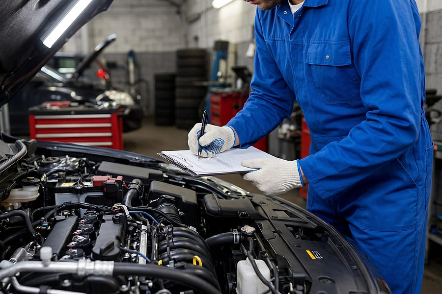 A mechanic filling out an inspection checklist on a clipboard beside an open engine bay